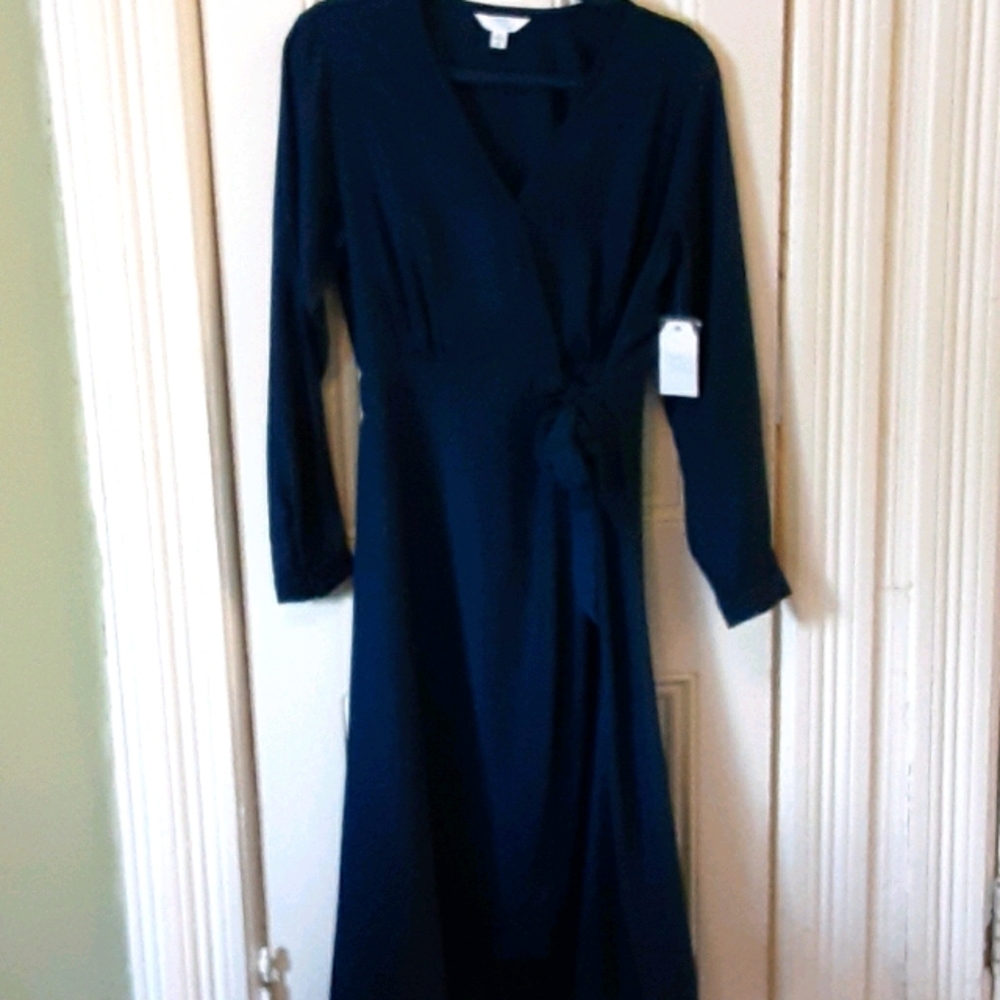 Time and true wrap style navy dress